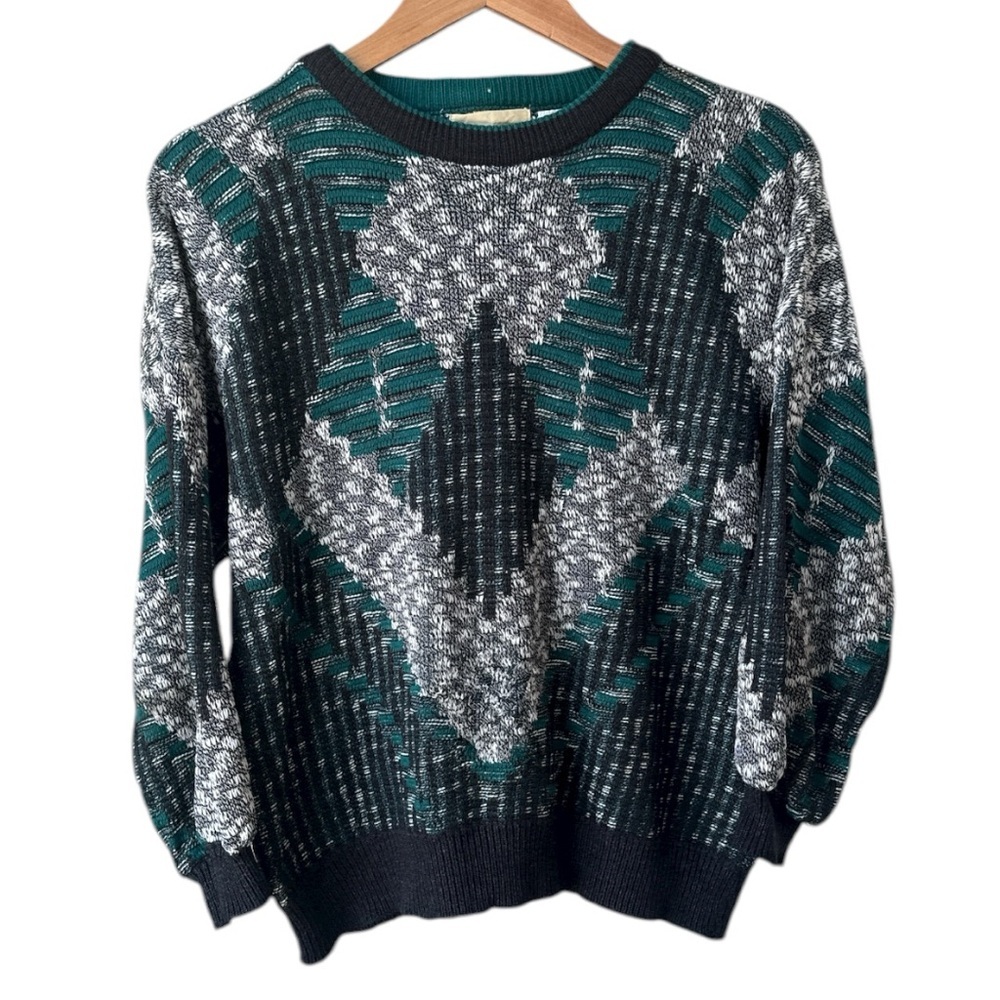 VINTAGE Geometric Knit Sweater | Medium | Green/Grey